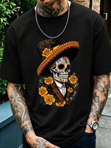 Camiseta de cuello redondo para hombre con estampado temático de Halloween, sencilla y combinable, ideal para salidas diarias de verano y atuendo festivo. - Negro - Ver 1