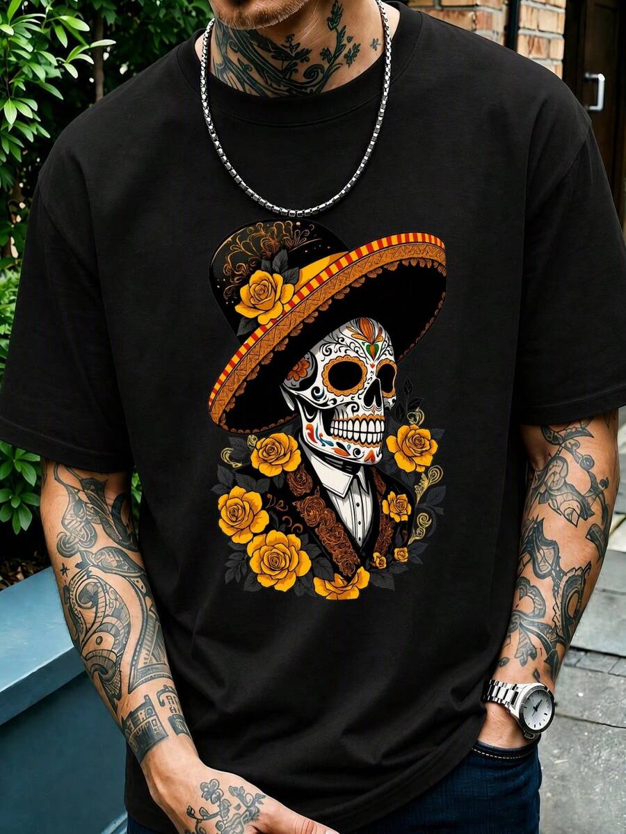 Camiseta de cuello redondo para hombre con estampado temático de Halloween, sencilla y combinable, ideal para salidas diarias de verano y atuendo festivo. - Negro - Ver 1