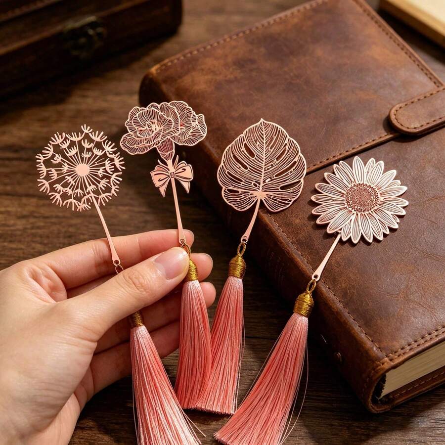 1pc/4pcs/8pcs Metal Carnation Sunflower Leaf Dandelion Bookmark, Pink Metal Flower Bookmark, Perfect Gift, Back To School, School Supplies, Perfect Gift For Book Lovers - Multicolor - View 1