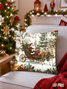 1pc Christmas Peach Skin Pillowcase, Santa Claus & Reindeer Design, 45*45cm Throw Pillow Cover, Rustic Harvest Style Holiday Cushion Cover (Pillow Insert Not Included), Merry Christmas Decoration, Christmas Decor, Christmas Eve Decor, Christmas Gift, Christmas Home Decor, Xmas Decor, Suitable For Living Room, Bedroom, Bed Decor - Multicolor - View 4