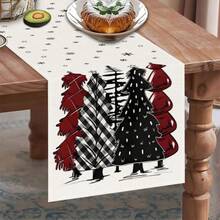 1pc Black & Red Buffalo Plaid Christmas Tree Table Runner, Snowflake & Star Print Decorative Tablecloth, Farmhouse Style Christmas Dining Room Home Party Decoration - Multicolor - View 3