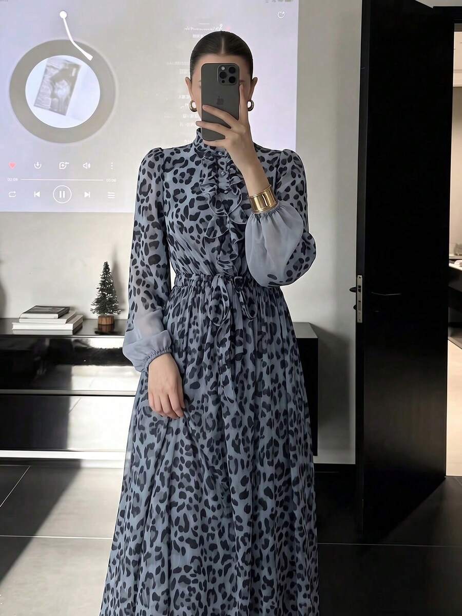 女款優雅現代時尚奢華豹紋滿版印花保守鈕扣連身裙 - 霧霾藍 - 查看 1