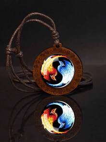 1PC Yin Yang Symbol Wooden Pendant Necklace, Adjustable Rope Chain Amulet Jewelry For Men Spiritual Party Daily Wear - Brown - View 11