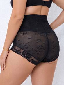 Women's Front Zipper High Waist Tummy Control Shaping Panties Plus Size Sexy Lace Triangle Briefs - Black - View 2
