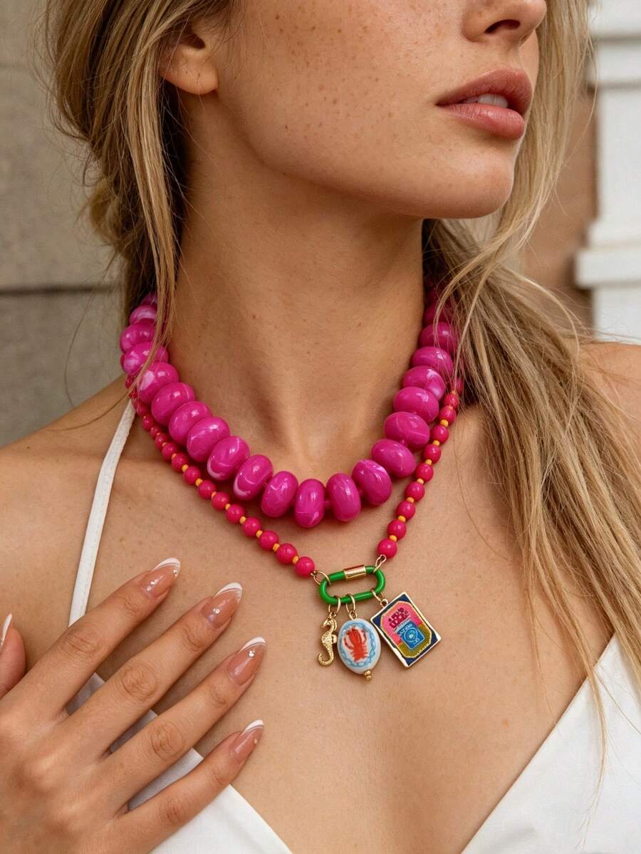 OABE Set Kalung Manik-Manik Gaya Bohemian untuk Liburan Pantai Warna Merah Mawar dengan Liontin Makhluk Laut, 2 Buah/Set, Cocok untuk Wanita - MultiWarna - View 1