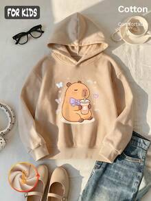Autumn Girls Hoodie With Cute Capybara Print, Butterfly Rainbow Heart Decor, Long Sleeve Pullover - Apricot - View 2