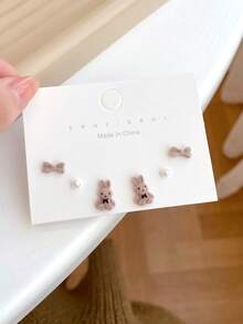 6 Pairs Women's Fashion Autumn/Winter Cute Flocked Bear & Rabbit Stud Earrings, Korean Style Cartoon Girl Flocked Earring Set - Multicolor - View 4
