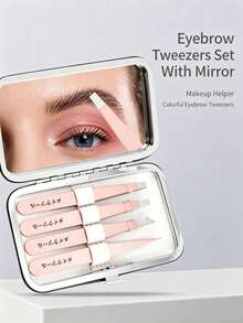 4pcs Stainless Steel Eyebrow Tweezers Set With Storage Box And Mirror, Precision Hair Removal Tweezers For Eyebrow Grooming, Facial Hair Removal, Makeup Tool - Multicolor - View 5