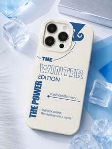 1pc Minimalist Text 15 14 13 12 11 Pro Max Phone Case, Cream White Textured Leather Background, Klein Blue "The Winter Edition The Power" Energy Drink Text Abstract Curve Pattern, Cream White Border Shockproof Phone Case - Beige - View 2