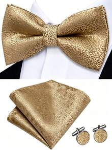 Paisley Striped Bow Tie For Men Silk Pre-Tied Bowtie Pocket Square Cufflinks Set Formal Wedding Party Prom - Gold - View 1