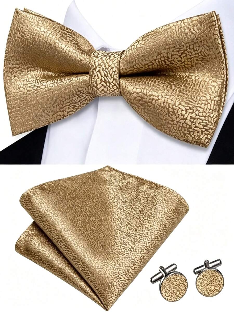 Paisley Striped Bow Tie For Men Silk Pre-Tied Bowtie Pocket Square Cufflinks Set Formal Wedding Party Prom - Gold - View 1