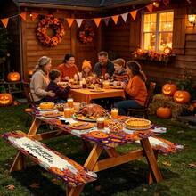 3 PiecesPicnic Tablecloth Set With Bench Cover, Elastic Edge Design, Halloween Pattern With , Washable Rectangular Tablecloth, Suitable For Weddings, Camping, Picnics, Garden Parties And More, Practical Essential - D - View 5