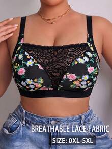 Plus Size Women's Lace Patchwork Floral Print Bra, Wireless Casual Comfortable Back Design Thin Sports - Black - View 3