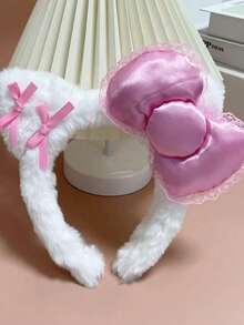 1pc Pink Bow Plush Headband, Cute And Comfortable Hair Accessory, Suitable For Face Washing And Autumn/Winter Styling - Multicolor - View 3