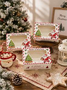 4/8/12pcs 2026 NEW Christmas Gift Box With Transparent Window | Santa Claus & Xmas Tree Printed Present Box, Festive Striped Paper Box For Christmas Party Decorations - View 3