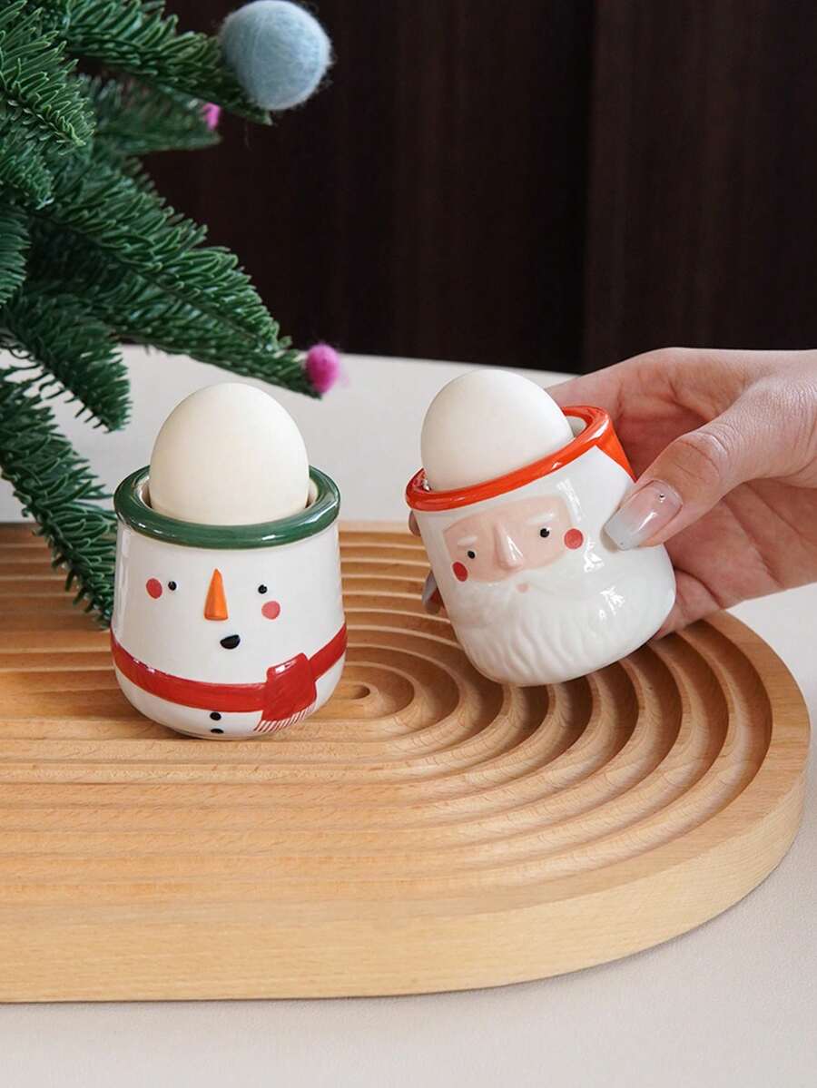 1pc Christmas Santa Claus Ceramic Egg Cup, Snowman Ceramic Egg Cup, Creative Exquisite Hand-Painted Egg Cup, Practical, Suitable For Restaurant Kitchen Egg Tableware, Dining Table Coffee Table Decoration Ornament, Tableware, Christmas Holiday Decoration