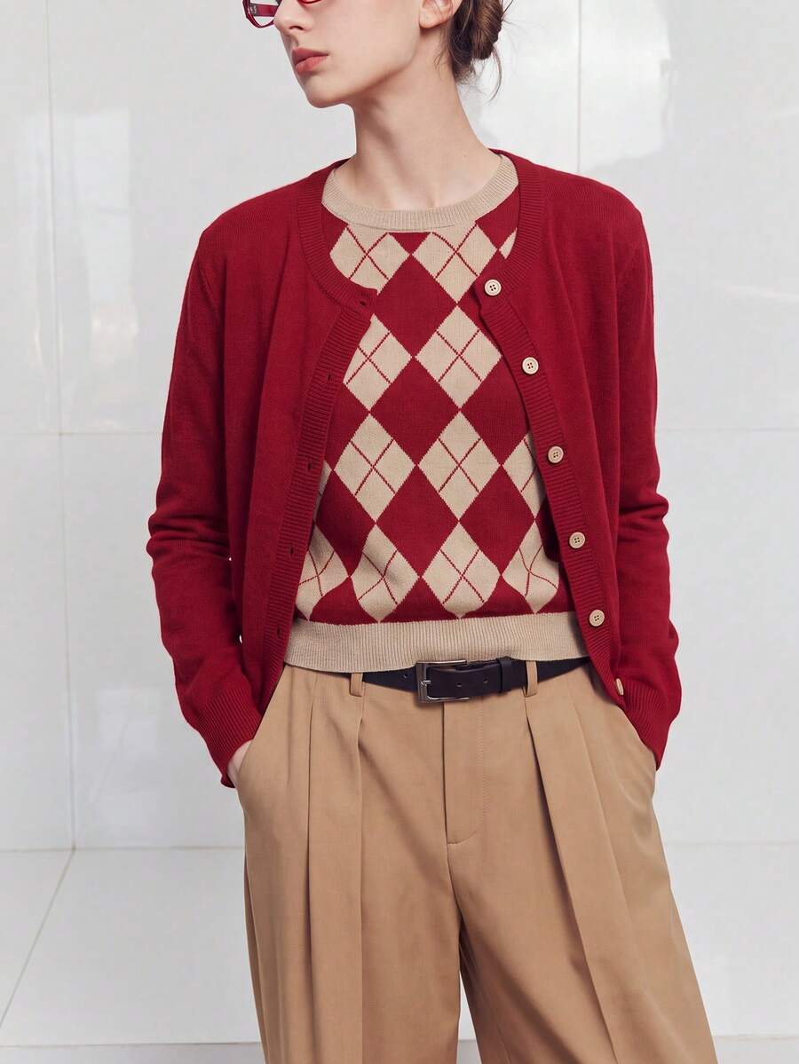 Women's Autumn Casual Minimalist Inner Diamond Pattern Solid Color Knit 2 In 1 Pullover Cardigan - Red - View 1