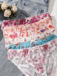 6pcs - Vintage Rose Floral Mesh Women's Triangle Panties, Ruffle Waistband With Bow, Lightweight Comfortable Sweet Girl Underwear - Multicolor - View 5