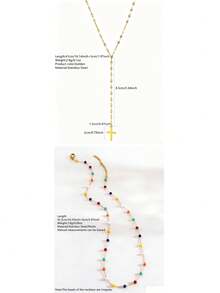 VceTd 2PCS Fashion Vacation Layered Style Stainless Steel Women's Necklace Set With Random Beaded Chain And Cross Pendant Y-Shaped Necklace, Suitable For Daily Wear, Vacation Or Holiday Gift - Yellow Gold - View 2