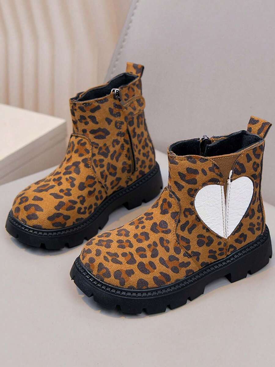 Leopard Print Heart Patchwork Children's Short Boots, Girls' Autumn/Winter New Style Thermal Lined Warm Boots With Side Zipper And Anti-Slip Sole - Brown - View 1