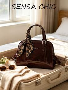 Ins Vintage Maillard Style Glossy Patent Leather Shell Mini Bag, Solid Color Structured Bag With Leopard Print Twisted Scarf, Metal Adjustable Buckle, Minimalist Elegant Girl's Handbag And Crossbody Bag - Burgundy - View 1