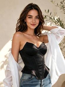Black Satin Strapless Corset With Back Lace-Up And Boning, Party Sexy Style - Black - View 4