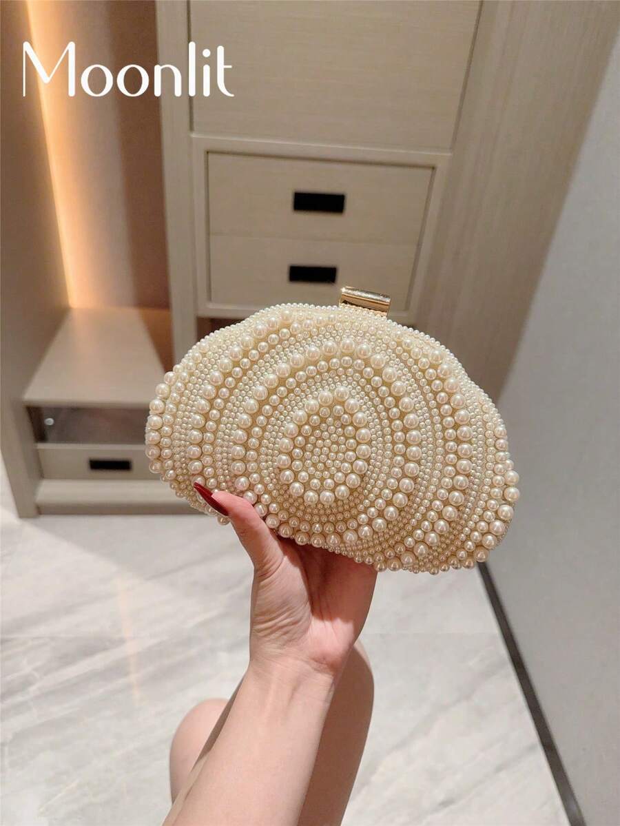 仿珍珠装饰盒形链条肩带包 - 米色 - 查看 1