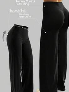 Plus Size Women's Solid Color Elastic Waist Flare Casual Long Pants - Black - View 8
