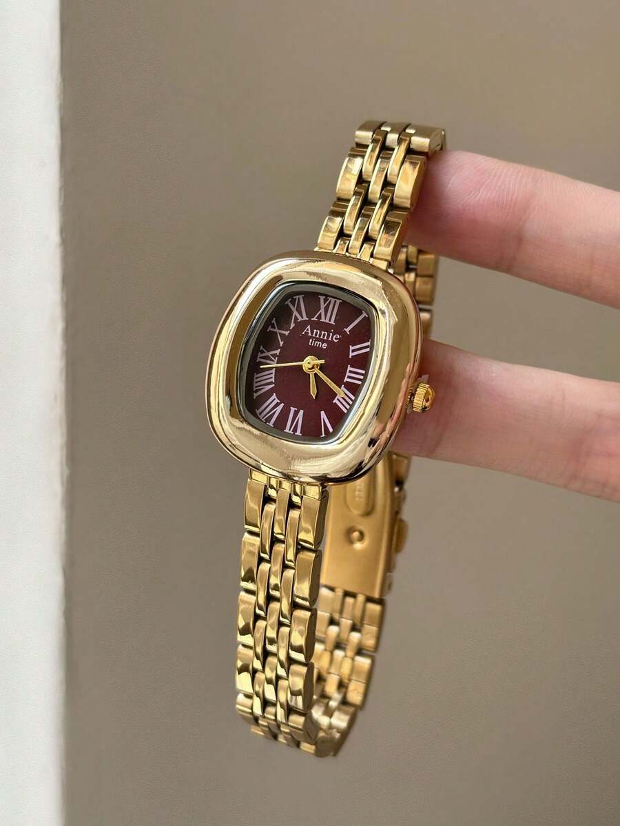 1件復古金色圓角方形女款手錶,深紅色錶盤搭配羅馬數字刻度,時尚且優雅 - 金色 - 查看 1