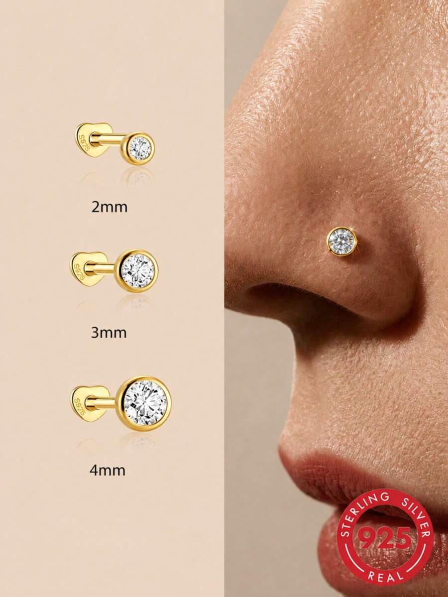 1pc 2mm-4mm 925 Sterling Silver Straight Bar L-Shaped Nose Stud Ring, Unisex Piercing Jewelry, Low Allergy Labret Stud, Push-In Earring - Gold - View 1