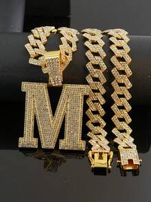 1pc Hip Hop Oversized M Letter Iced Out Pendant Necklace, Rhinestone Cuban Chain Set, Rap Style Accessory, Unisex Music Festival Party Outfit Personalized Jewelry Gift - M - View 19