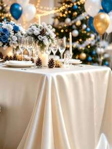 102 X 58 Inch Satin Tablecloth, Rectangular Bed Skirt, Silky Fabric, Champagne Color Party Tablecloth Suitable For Rectangular Dining Tables, Parties, Holidays, Weddings (Ivory White) - Beige - View 7