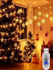 1pc Star-Shaped Waterfall Curtain Light, Star-Shaped LED String Lights, USB Powered, 8 Lighting Modes, Suitable For Home, Window, Wedding, Party, Christmas, Patio, Garden, Wall Decoration, Christmas Window Decor, Room Decoration Light - Warm Light - View 8