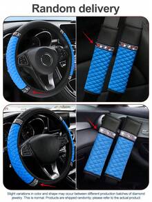 6/5/1pc Set Shiny Car Interior Accessories, Rhinestone Steering Wheel, Handbrake And Gear Shift Cover, Shoulder Pad, 15 Inch Rhinestone Leather Steering Wheel Cover, Soft And Elastic, Universal Fit, Suitable For Women - Style B - View 3
