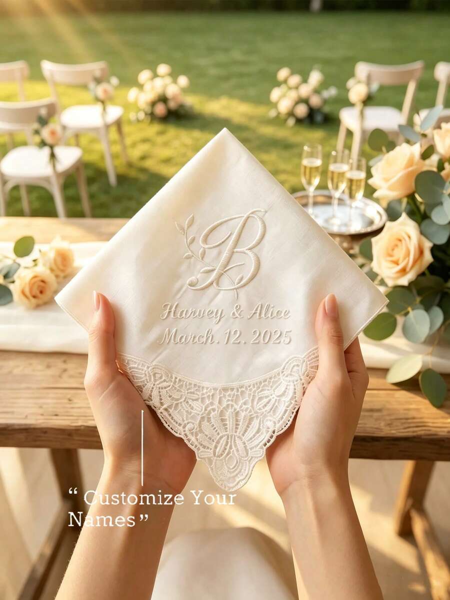 Saputangan Pernikahan yang Dipersonalisasi, Saputangan Bordir Tanggal Pernikahan yang Disesuaikan, Hadiah untuk Pengantin Wanita dan Pengiring Pengantin, Saputangan