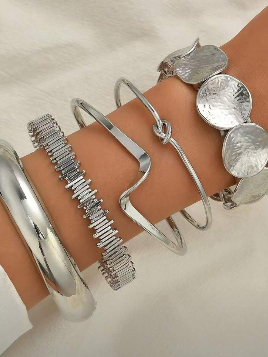 QTHOPE 5PCS Irregular Bracelet Open Mouth Jewelry Combination Jewelry Exaggerated Stripes Bracelet Set For Women - 5 Pcs - View 1