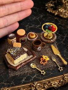 Miniature Chocolate Cake Model Afternoon Tea Decor Set, Model House Accessories Coffee Dessert Fruit Plate And Tableware Model Dollhouse Restaurant Scene Decoration - one-size - View 3