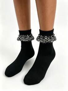 1/3 Pairs Autumn Fashion Leopard Print Ruched Lace Women's Mid-Calf Socks, Sweet & Cool Style Personalized Slouch Socks - Black and White - View 3