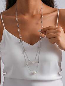 Fashion Faux Pearl Beaded Layered Geometric Necklace. Fashion High-End Sweater Chain. Small And Simple Accessory For Women. - Necklace - View 7