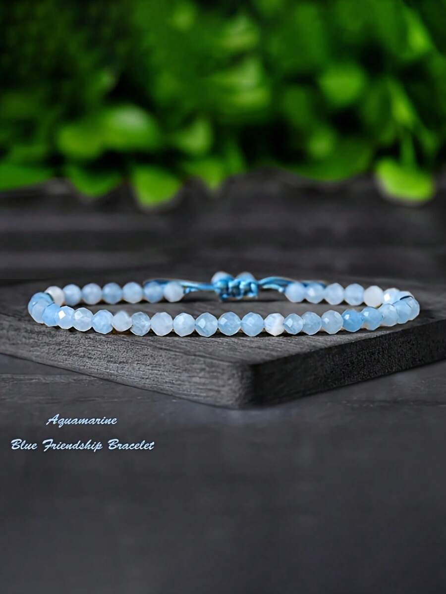 Faceted Natural Aquamarine Tiny Bead Minimalist Bracelet, Protection Intention Reiki Dainty Handmade Adjustable Friendship Jewelry For Women Men - Baby Blue - View 1