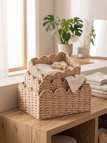 1pc/3pcs(S+M+L) Woven Rattan Storage Basket, Handmade Wavy Edge Organizer Box, Multi-Functional Decorative Tray, Suitable For Cosmetics, Desk, Bathroom, Bedroom, Closet Countertop Organization, Home Decor, Kitchen Clutter Storage, Gift Basket - Khaki - View 11