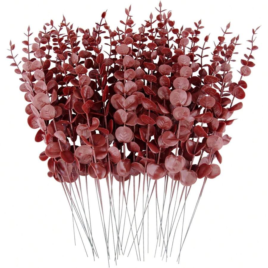 20/30 Pcs Artificial Eucalyptus Stems, Fake Green Eucalyptus Branches, Eucalyptus Leaves Decor, Faux Eucalyptus Stems With Fake Leaves For Vases, Wedding Bouquets, Home Decor - Burgundy - View 1