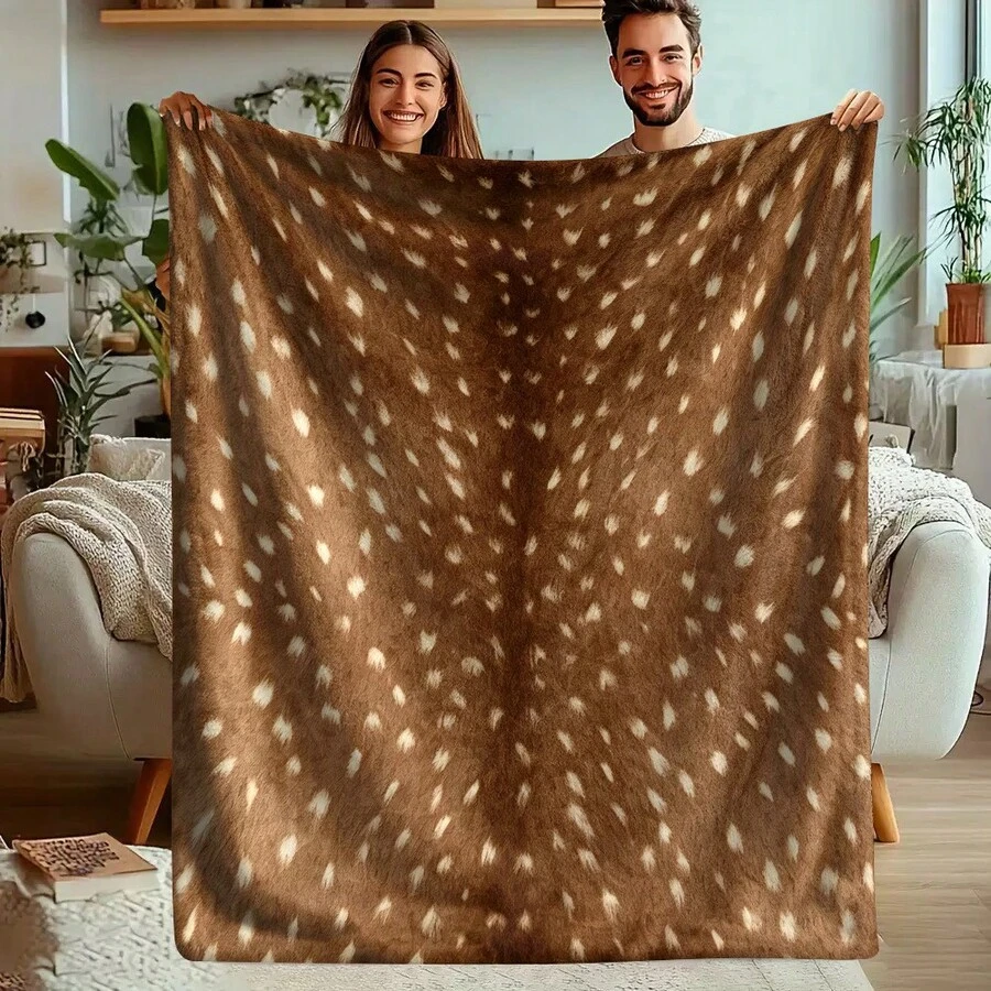 1pc Deer Print Flannel Throw Blanket, Brown Faux Fur Animal Spotted Pattern, Soft Comfortable Lightweight, Suitable For Sofa, Bed And Home Decor - Multicolor - View 1