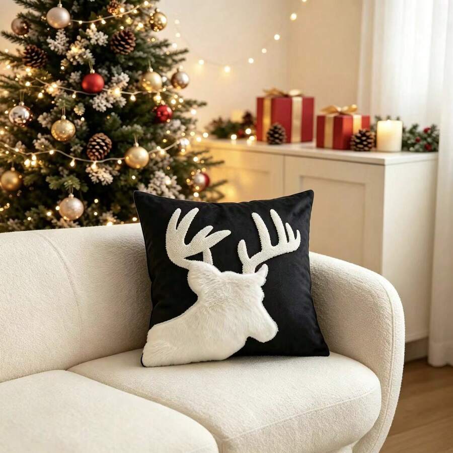 LCUHPCL 1pc Christmas Reindeer Applique 3D Embroidered Pillow Case, Suitable For Bedroom, Living Room, Sofa, Daily Use, Party And Various Occasions