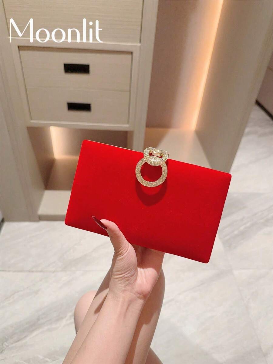 1 件装奢华丝绒盒形晚宴手拿包，饰有水钻纽扣的正式派对包，适合正式场合、晚宴、舞会 - 简约方形正式派对斜挎包