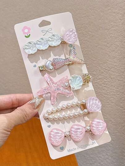 1/5pcs Mermaid, Starfish And Shell Shaped Hair Clips, Ocean Theme Accessories, Including Mermaid Tail, Starfish, Shell And Pearl Elements