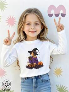 Halloween Girls Cotton Raglan Long Sleeve T-Shirt, Witch Pumpkin Ghost Print, Cute Sweet Preppy Style - White - View 2