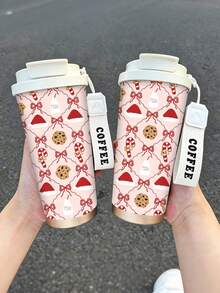 1pc/5pcs 500ml Pink Christmas Dessert Travel Mug, Double-Wall Stainless Steel Insulated Cup, Christmas Hat, Candy Cane, Cookie And Bow Holiday Print Design, Portable Coffee Cup With COFFEE Printed Lanyard, Suitable For Daily Commute - Pink - Christmas Hat Cookies - View 6