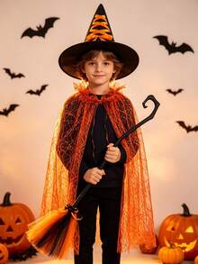 2 Sets Halloween Cape Set Spider Web Mesh Cape Set Witch Hat Witch Broom Set - Multicolor - View 8