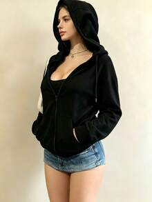 1pc Women's Fashion Minimalist Solid Color Zip-Up Hoodie, Long Sleeve Drawstring Hood Design, Casual Travel Gym Jacket Black - Black - View 9